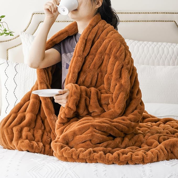 BATTILO HOME Burnt Orange Faux Fur Throw Blanket for Couch, Double Side Ruched Reversible Rabbit Fur Blanket for Bed, Sofa, Cozy Soft Mink Blanket, Fall Throw Blanket Fall Decor, 50x60 Inches