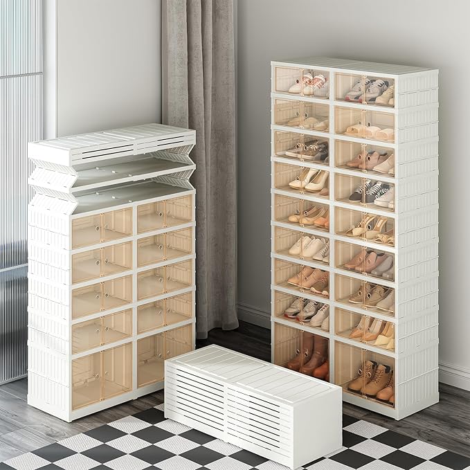 Redlife 9 Tier 36 Pairs Foldable Shoe Rack Organizer, Clear Portable Plastic Shoes Rack, Collapsible Shoes Storage Box with Lids Door, Large Tall Shoe Cabinet for Closet