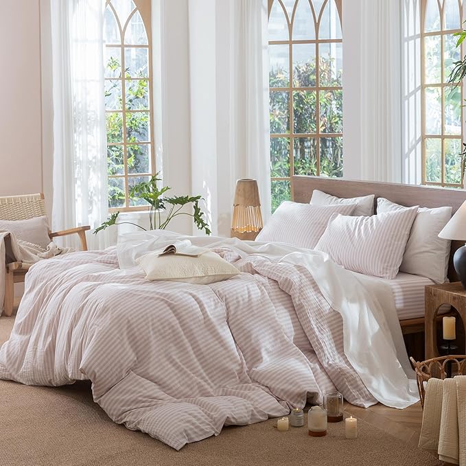 MooMee Striped Duvet Cover Set 100% Washed Cotton Linen Like Textured Breathable Durable Soft Comfy (Heathered Greyish Pink Classic Stripes, Queen 90"x90")