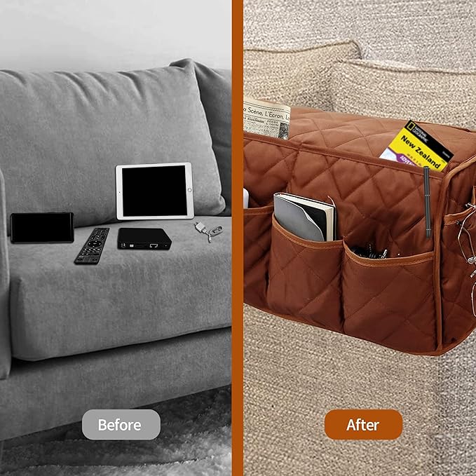 MEHIDFY Armchair Caddy, Waterproof Sofa Armrest Organizer, Non Slip Recliner Organizer, Remote Holder for Recline, Recliner Caddy with 14 Pockets Storage for TV Remote, Phone, Magazine (Brownish Red)