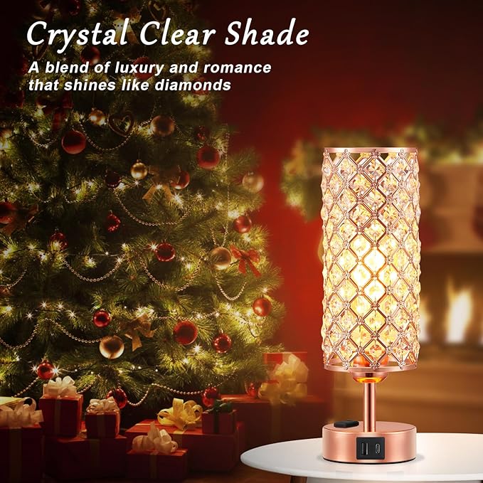 Hong-in Rose Gold Lamp Set of 2, 3-Way Crystal Table Lamp Touch Control with USB-C+A & AC Ports, Dimmable Nightstand Desk Light, Pink Bedside Table Lamp for Bedroom(Bulb Included & Set of 2)