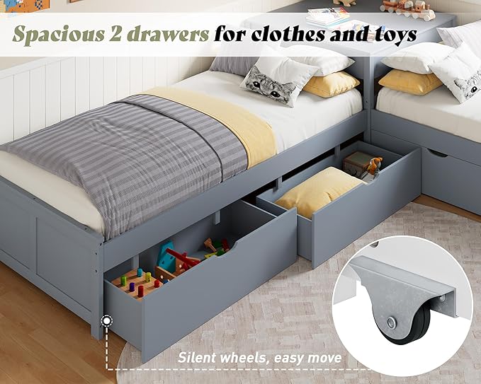 AMERLIFE L-Shaped Twin Trundle Bed with Flip-Top Storage Desk, Space-Saving Solid Wood Platform Bed Frame, Grey Finish, Multi-Functional Twin Bed for Kids and Families