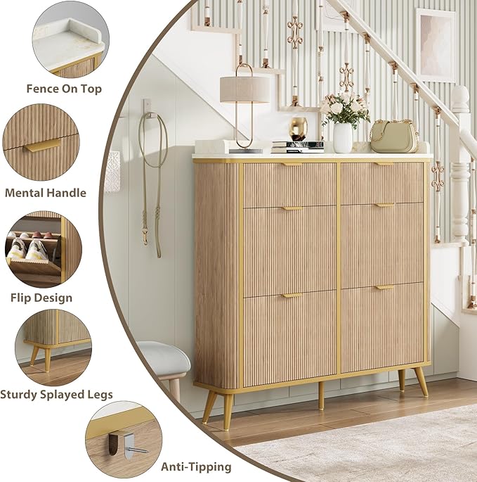 Fluted Shoe Cabinet Storage, Modern Slim Shoe Organizer Cabinet with 4 Flip Drawers & 2 Drawers, Wooden Freestanding Shoe Rack Cabinets for Entryway, Foyer, Hallway, Natural Oak
