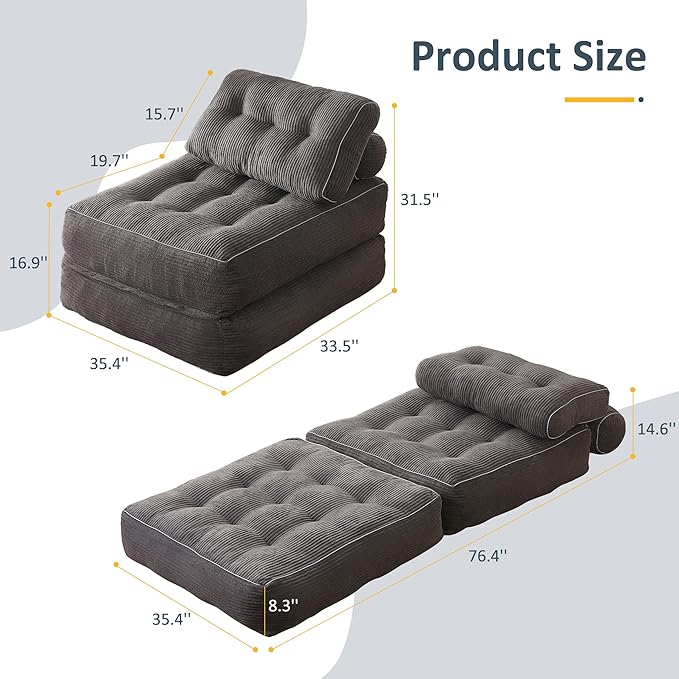Folding Chair Bed, Futon Sofa Bed, Floor Couch for Adults Chair Bed for Living Room, Lounge Sofa, Convertible Sofa Bed, Small Couches for Small Spaces,Grey
