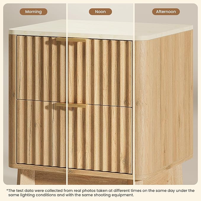 Fluted Nightstand Set of 2,Modern End Table with Faux Marble Top,2 Storage Drawers Side Table,Bedside Table for Bedroom, Living Room,Curved Profile Design Furnitue,Natural Oak