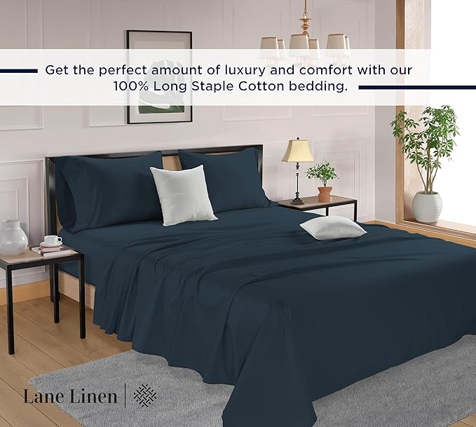 LANE LINEN 100% Cotton Sheets King Size – 600 Thread Count King Size Bed Sheets, Hotel Luxury Soft Silky Sateen Weave, Durable for Year Round Use, Fully Elasticized 15" Deep Pocket – Estate Blue