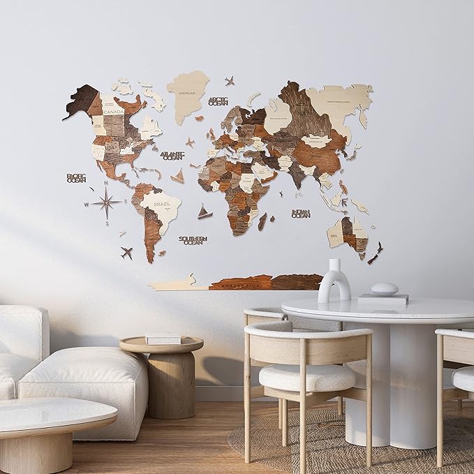 Handmade 3D Wood World Map Wall Art Large Wall Decor Track Your World Travels - Special for Home, Kitchen and Office (Large, Multicolor)
