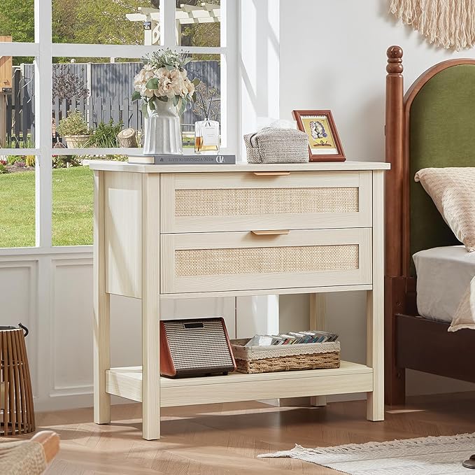 LEYAOYAO 31.5" Wide Rattan Night Stands Set 2, Oversized Large Boho Nightstand with 2 Drawer, Grey White Bed Side End Tables with Storage Shelf, Tall Bedside Table for Bedroom Living Room, Hallway