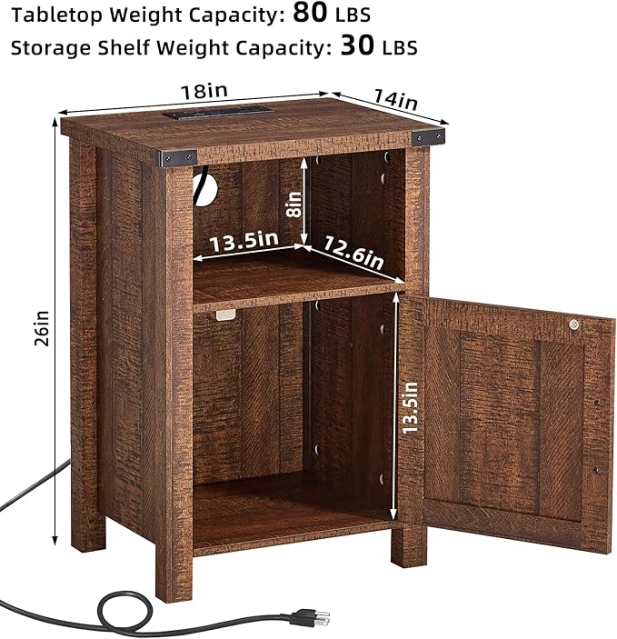 Joaxswe Night Stand with Charging Station and USB Port, 18 Inch Farmhouse Nightstand with Storage Shelf, Rustic Wood Bedside Table with Magnetic Door, Bed Side Tables for Bedroom, Reclaimed Barnwood