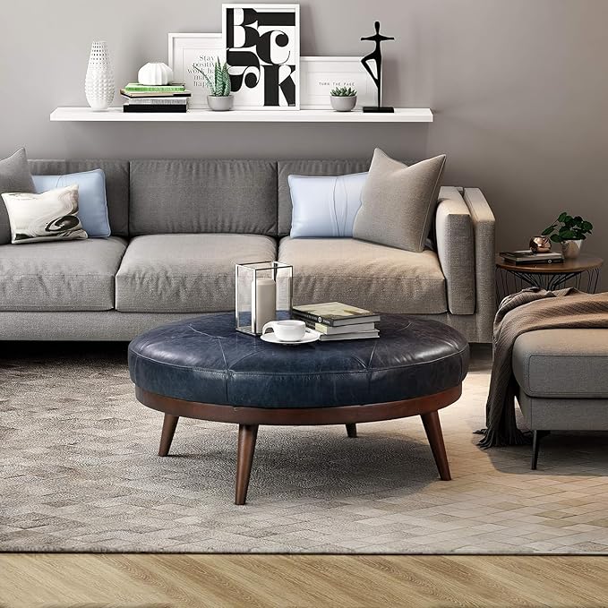 POLY & BARK Gio Ottoman – 30” Round with Feather-Down Topper – Full-Grain Leather Upholstery – Couch Ottoman for Living Room – Vintage Italian Leather in Midnight Blue
