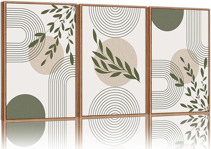 Yeehomedec Boho Sage Green Framed Canvas Wall Art, Mid Century Modern Wall Decor, Large Minimalist Botanical Art Print, Abstract Geometric Line Leaf Art Painting for Bathroom Living Room Bedroom Office 16"x24"x3