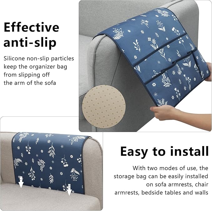 Remote Control Holder for Armchair，Couch Caddy Organizer TV Remote Holder for Bed Storage 5 Pockets，Remote Caddy Bedside Organizer Bedside Table Organizer (Blue, 35''x18'')