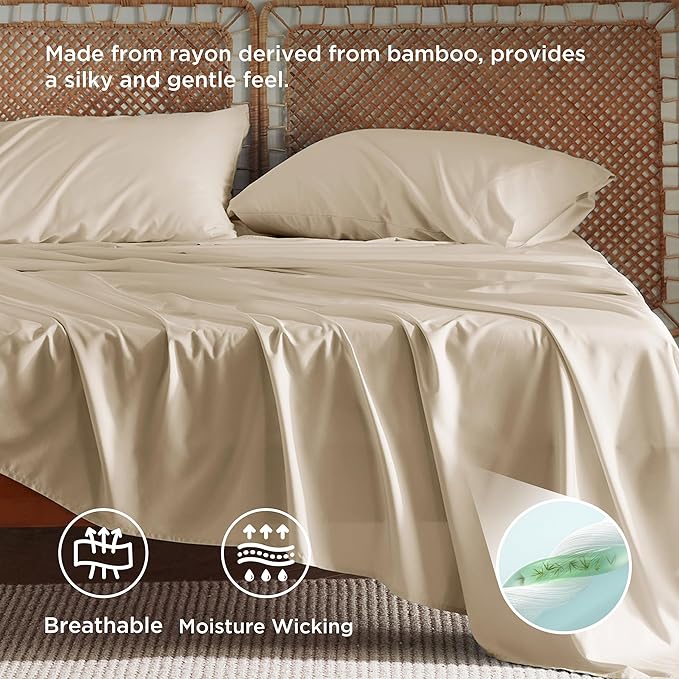 Bedsure Full Size Bed Sheets, Cooling Sheets, Rayon Derived from Bamboo, Breathable & Soft, Deep Pocket Up to 16 Inches, Hotel Luxury Silky Bedding for Hot Sleepers, Beige
