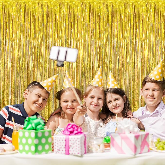 GOER 3.2 ft x 8.2 ft Metallic Tinsel Foil Fringe Curtains Party Photo Backdrop Party Streamers for Birthday,Graduation,New Year Eve Decorations Wedding Decor (1 Pack,Laser Gold)