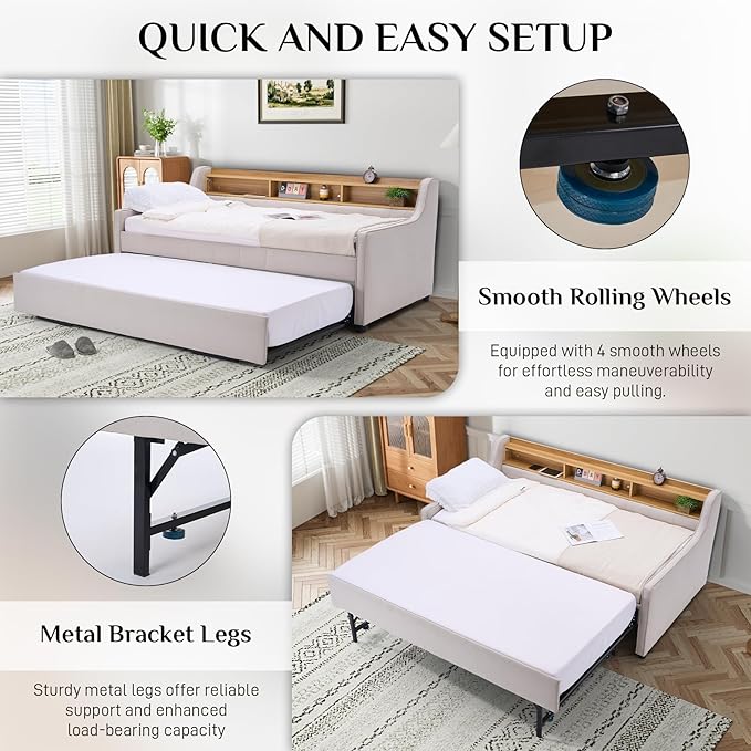 Twin Size Daybed with Pop Up Trundle Bed, Linen Fabric Upholstered Day Bed Frame with w/LED/USB/Type C/Storage Headboard, Twin to King Daybed for Living Room Bedroom, No Box Spring Needed, Beige