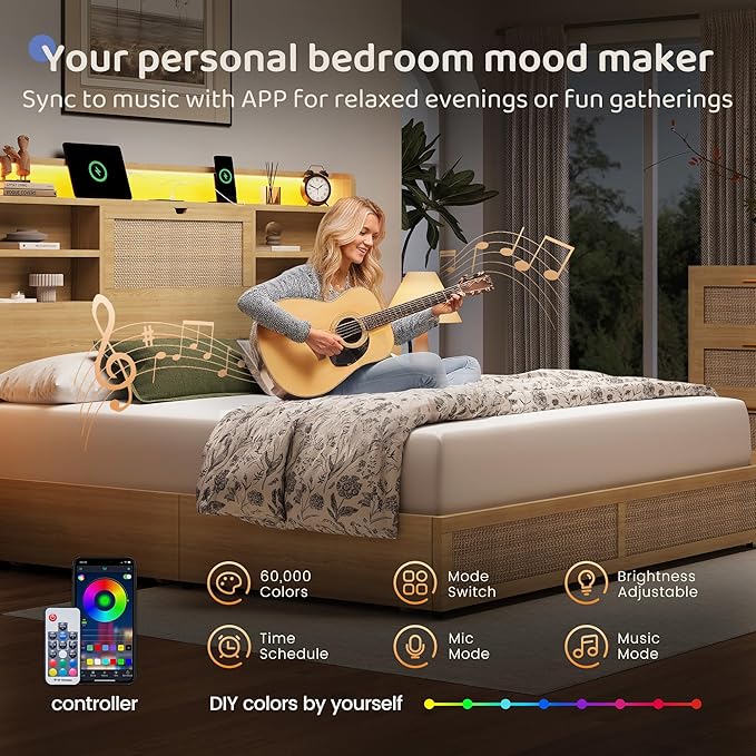 King Size Rattan Bed Frame with 4 Storage Drawers and Hidden Storage Headboard Wooden Platform Bed Frame with LED Lights and Charging Station, No Box Spring Needed, Easy Assembly, Natural
