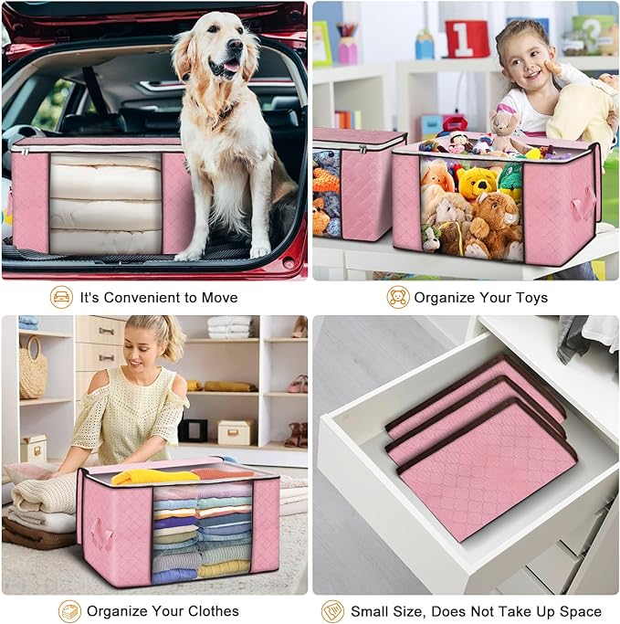 Budding Joy 90L Large Storage Bags, 4 Pack Clothes Storage Bins Foldable Closet Organizer Storage Containers Storage and Organization for Clothes, Blanket, Pillows and Toys (Pink)