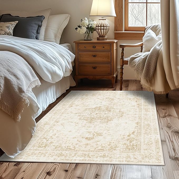 3x5 Vintage Washable Area Rugs Boho Medallion Large Distressed Retro Accent Carpet Floral Non-Slip Soft Low Pile Indoor Throw Rug for Living Room Bedroom Dining Room Office Kitchen, Beige