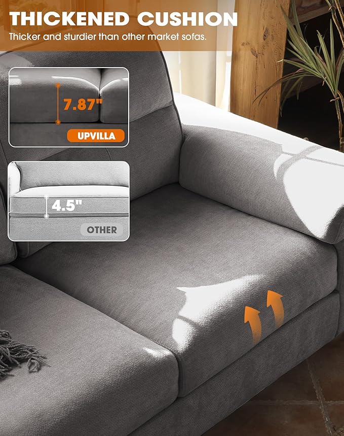 88.97" Modern Sofa Couches for Living Room, Deep Seat Sofas with 8”Cushion, Comfy 2-Seater Chenille Loveseat with Convertible Armrest, Removable Sofa Cover, High Leg(Light Gray)