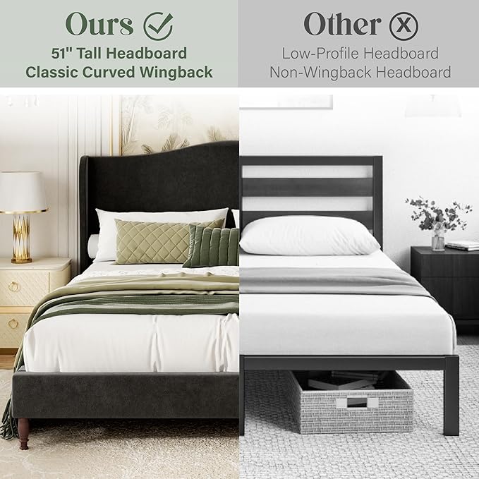 Full Size Upholstered Platform Bed Frame, 51" Tall Chenille Fabric Headboard with Classic Curved Wingback Design, Vintage Solid Wood Legs, No Box Spring Needed, Easy Assembly & Noise-Free, Black
