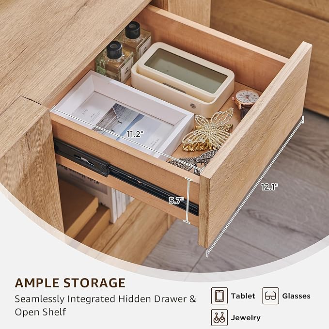OKD 24'' Modern Nightstands Set of 2, Large Wooden End Table with Charging Station & Drawer & Storage Shelf, Rustic Square Bedside Table for Bedroom, Living Room, Wood Thick Design,Natural Oak