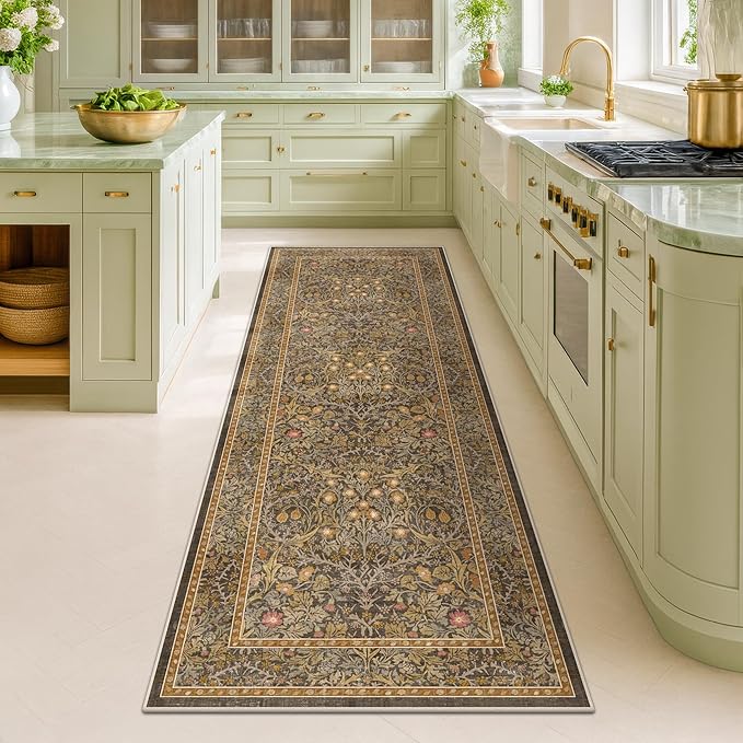 Gold Brown 2x6 Bathroom Runners Non Slip Washable, Low-Pile Runner Rugs for Kitchen, Entryway, Hallway, Laundry Room, Bedroom Bedside, Vintage Floral Stain Resistant Soft Carpet