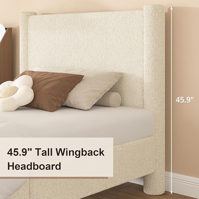 Full Size Bed Frame, Boucle Upholstered Platform Bed with Headboard and Footboard, Soft Rounded Corners, No Box Spring Required, Easy Assembly, Cream