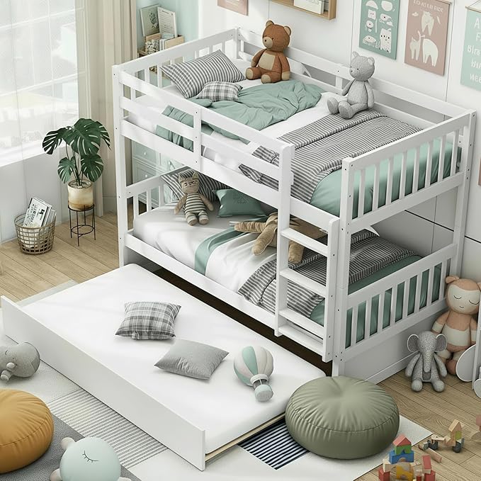 KOMFOTT Wood Twin Over Twin Bunk Bed with Trundle, Solid Pine Wood Bunk Bed Frame with Ladder & Safety Guardrails, Space-Saving Convertible Twin Bed Frame for Home & Dormitory, No Box Spring Needed