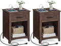 VASAGLE LIRY Collection - Farmhouse Nightstands with Charging Station, Set of 2 Bedside Tables, Side Tables with Drawer, Open Compartment, for Bedroom, Maroon Brown ULET959K51