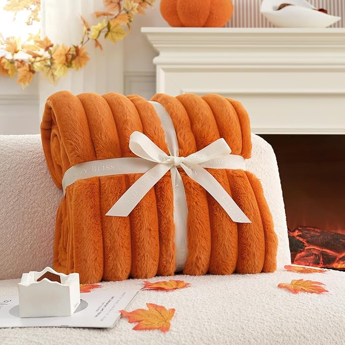Cozy Bliss Faux Fur Throw Blanket for Couch, Cozy Warm Plush Striped Blanket for Sofa Bedroom Living Room, 50 * 60 Inches Burnt Orange