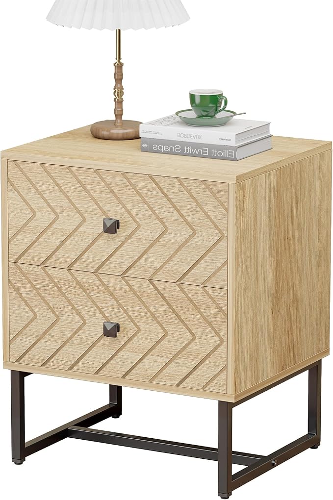 Modern Nightstand with Two Storable Drawers,Sturdy Bedside Table Space-Saving Night Stand with Black Metal Legs for Bedroom,Oak