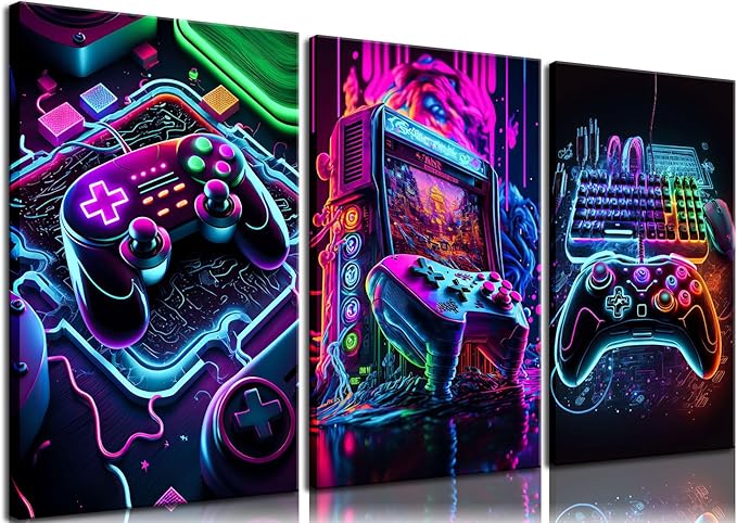 Game Room Decor Posters Set of 3 - Neon Gaming Accessories Theme Canvas Wall Art, Gamer Console Paintings Picture Wall Decor for Children Youth Boys Bedroom 12x16 inch Framed