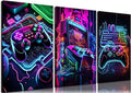 BGFCE Game Room Decor Set of 3 - Neon Gaming Accessories Theme Canvas Wall Art, Gamer Console Paintings Posters Picture Wall Decor for Children Youth Boys Bedroom 16x24in Framed
