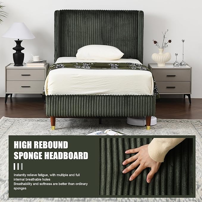 PINJU Twin Size Bed Frame, Upholstered Platform Bed with Modern Vertical Striped Wingback Headboard with Wooden Slats, Easy to Assemble No Noise Free (Green, Twin)