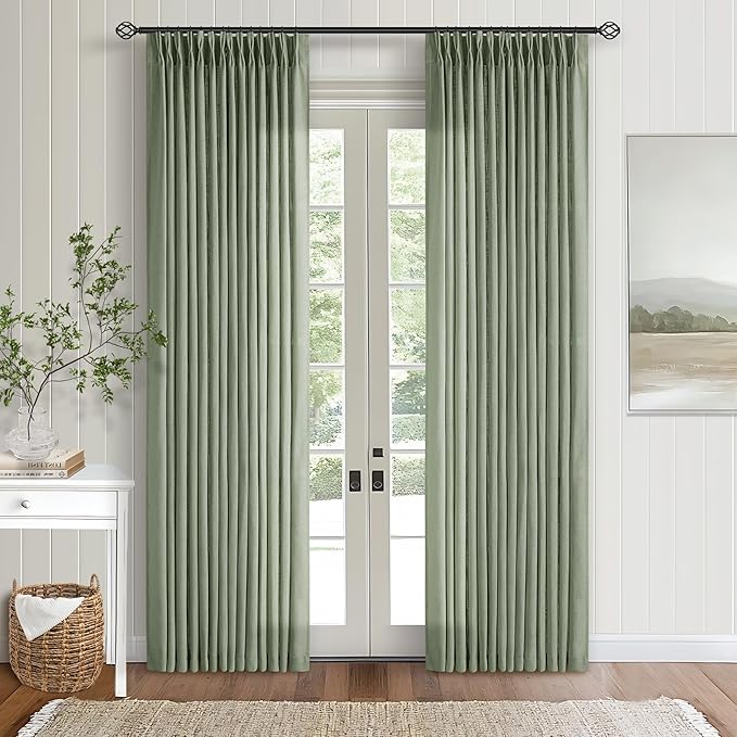 Green Linen Curtains 108 Inches Long 2 Panels Set for Living Room Farmhouse Boho Linen Textured Pinch Pleated Memory Shape Light Filtering Ceiling Semi Sheer Window Curtain Hook Rings Sage Green
