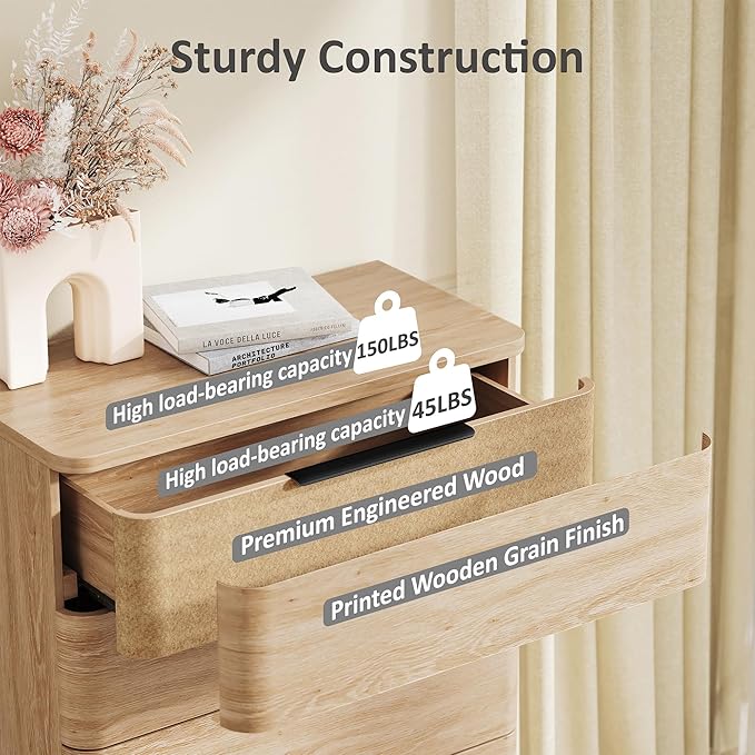 5 Drawer Dresser for Bedroom, 45" Tall Modern Chest of Drawers with Metal Handle, Curved Profile Design, Wooden Closet with Large Drawers Dressers Organizer for Entryway Hallway