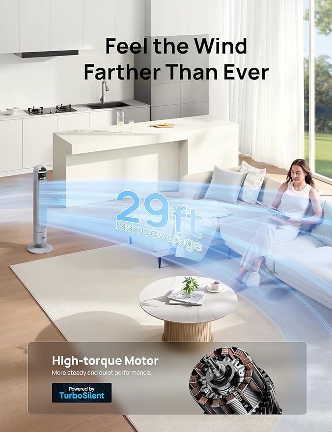 Dreo Tower Fan for Bedroom, 4 Speeds, 3 Modes Standing Fans for Room with 90° wide Oscillating, 28dB Quiet for Sleep, 25ft/s Velocity, 29ft Coverage, 8H Timer, Remote, Living Room, Office, Home, Grey