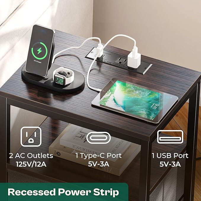 Huuger Nightstands Set of 2, End Tables with Charging Station, Fabric Drawers, Bedside Tables with USB Ports and Outlets, Night Stands for Bedroom, Walnut