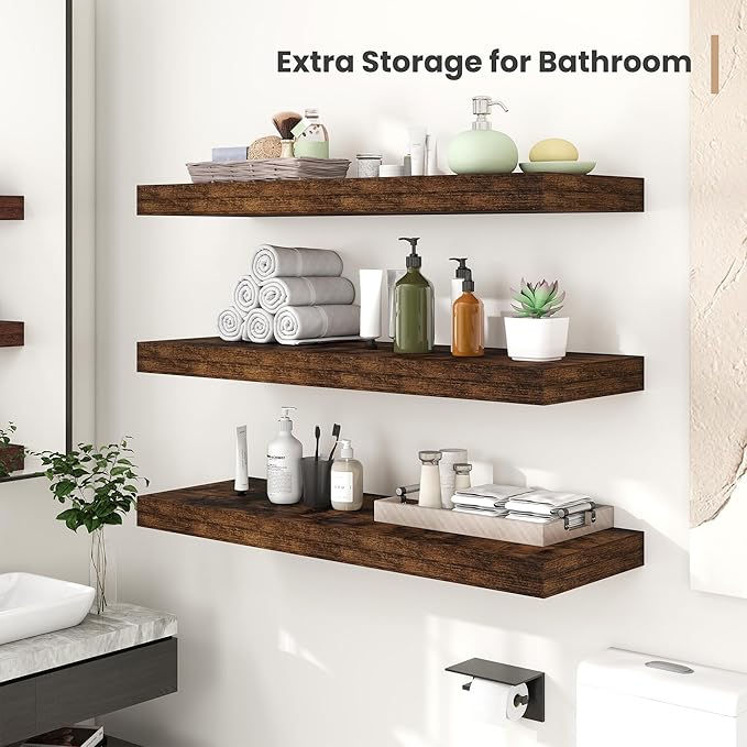 Heimlove 12" Deep Floating Shelves, 36 x 12 Inch Wall Mounted Long Floating Shelf with Invisible Brackets, for Home Decor, Bedroom, Kitchen, Living Room, Bathroom - 2 Pack, Rustic Brown