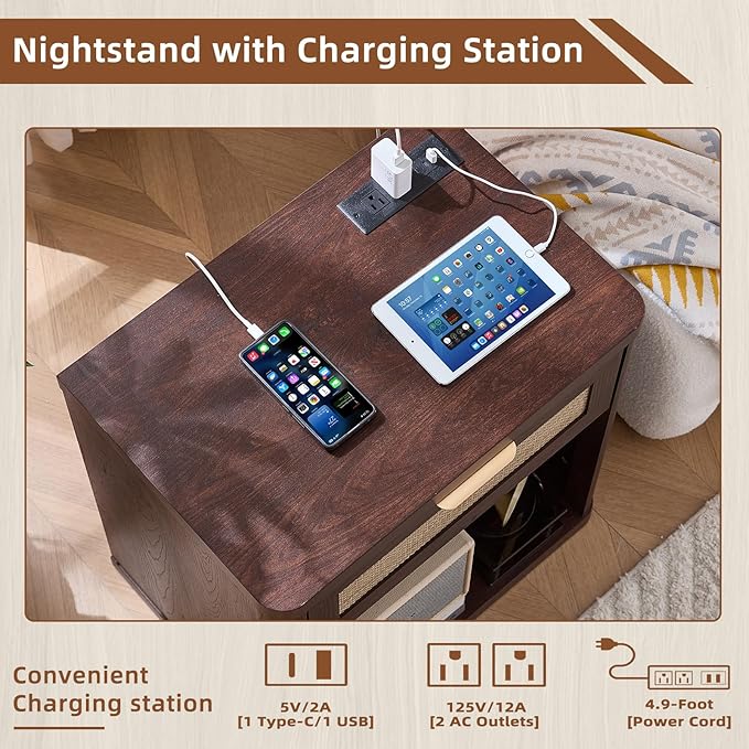 LEYAOYAO Rattan Nightstand with Charging Station, 23" Wide Boho Night Stand with Drawer, Walnut Bedside Table Open Storage Cabinet, Bed Side End Tables Dresser for Bedroom, Living Room, Hallway