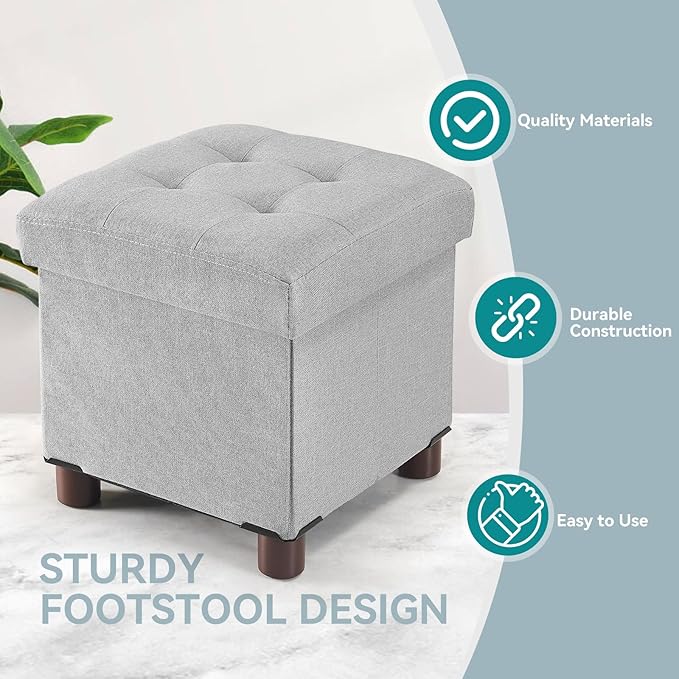 BRIAN & DANY Small Ottoman with Storage, Small Storage Ottoman, Folding Foot Stool with Wood Legs for Living Room and Bedroom Linen Rest Seat, 12.6"x12.6"x12.8" - Light Gray