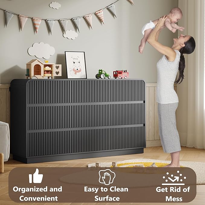 Dresser for Bedroom with 9 Drawers, Fluted Chest of Drawers with Round Curved Corner, Hidden Handles, Modern Wood Storage Organizer for Bedroom, Nursery, Living Room