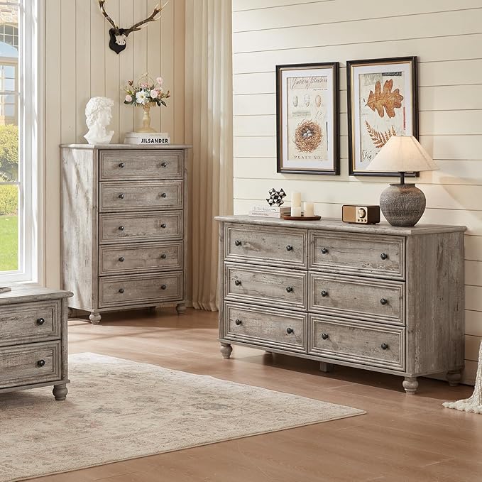 Farmhouse Dressers & Night Stand Set of 4, Wood 54" Wide Dresser & 45" Tall Chest of Drawers, 18" with Charging Station Nightstand Set of 2, Bedroom Furniture Dresser Set for Home Living Room Hallway