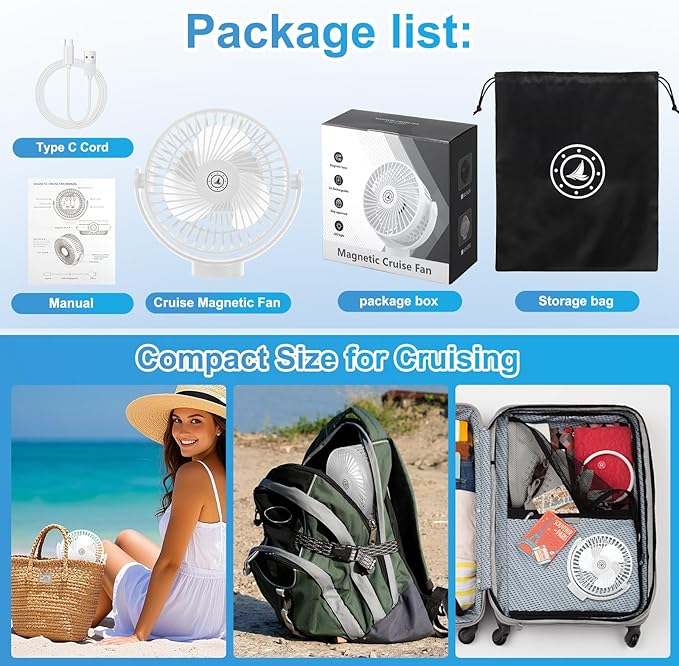 Fanopera Magnetic Cruise Fan with 12000mAh Battery - Portable Cabin Air Circulator, 3-Speed LED Desk Fan with Timer, Power Bank & Ceiling/Wall Mount, Cruise Ship Approved for Travel (White)
