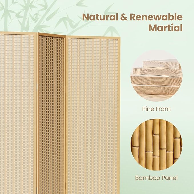 4 Panel Room Divider and Extra Wide Folding Privacy Screen, 63" W x 67" H, Bamboo Room Divider for Room Separation