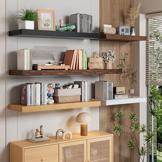 Heimlove 12" Deep Walnut Floating Shelves for Wall, 24 Inch Shelf Bathroom Shelves Set of 2, Mounted Shelves for Books Living Room Laundry Room Bedroom Kitchen Home Office