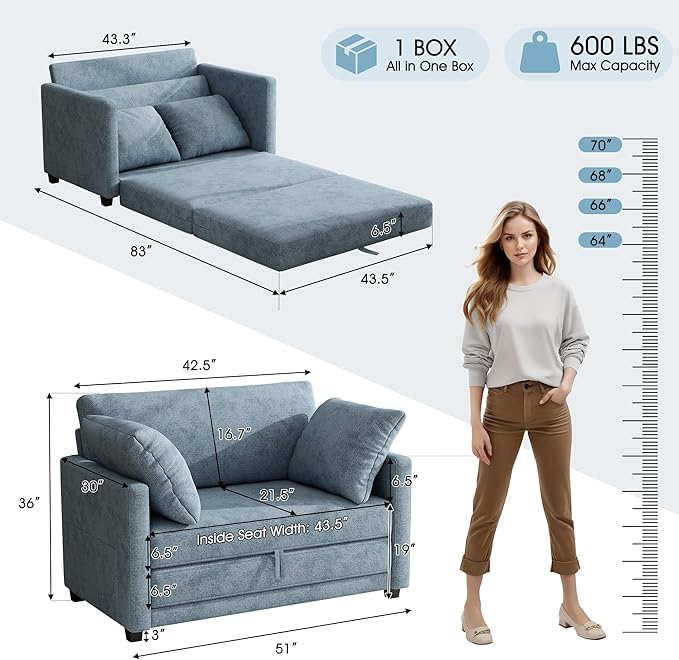 51" Loveseat Sleeper Sofa Bed, Chenille Convertible Floor Sofa Bed for Small Spaces, Folding Couch Bed with Deep Seat, 2 Pillows & Solid Frame, Pull Out Couch for Living Room, Light Blue