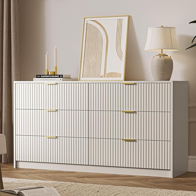 6 Drawer Dresser for Bedroom, 55" Wide Modern Chest of Drawers with Gold Metal Handles, Fluted Wood TV Stand for Living Room, Hallway(Beige)