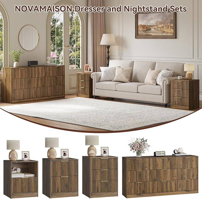 Walnut Dresser & 3 Drawer Nightstand Set 3-Piece, 63” Long 9 Drawer Dresser and Night Stand Set of 2, Fluted Modern Wood Chest of Drawers Storage Dressers Set for Bedroom, Walnut
