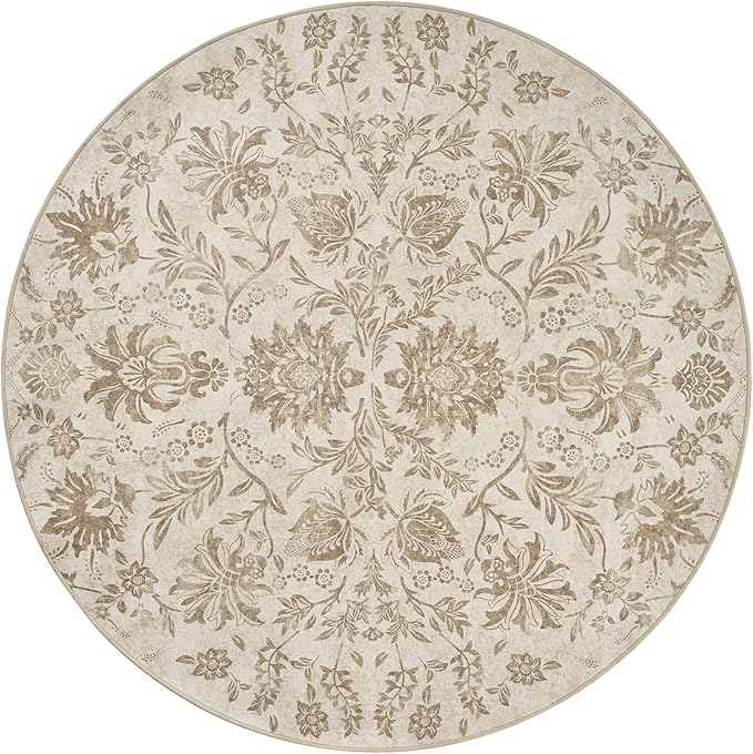 jinchan Torino Classic Floral Round Rug 4ft, Vintage-Inspired Neutral Design 4’Circle Rug, Machine Washable Ultra-Thin Low-Pile Non-Slip Indoor Carpet for Bedroom Living Room Entryway Taupe